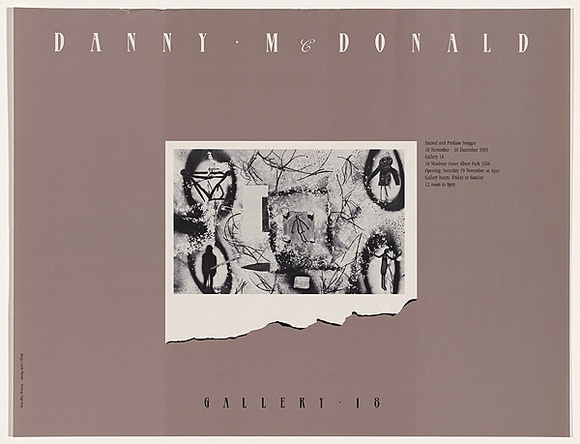 Title: b'Danny McDonald: Sacred and profane images: 18 November - 18 December 1983: Gallery 18.' | Date: 1983 | Technique: b'offset-lithograph, printed colour'