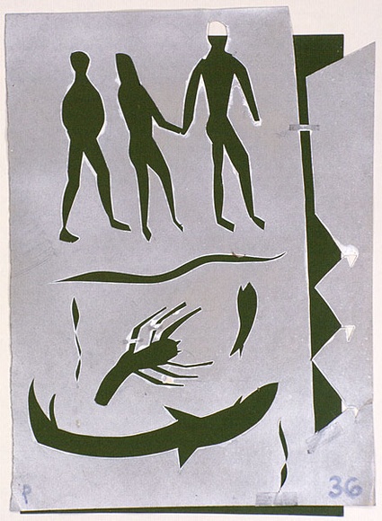 Artist: b'Blackman, Charles.' | Title: b'Stencil (three figures, lobster, fish).' | Date: c.1952 | Technique: b'hand cut paper stencil, paint'