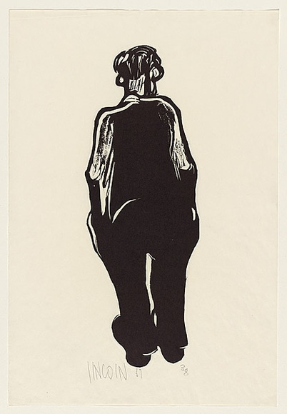 Title: b'not titled [man standing, rear view]' | Date: 1967 | Technique: b'woodcut, printed in black ink, from one masonite block'