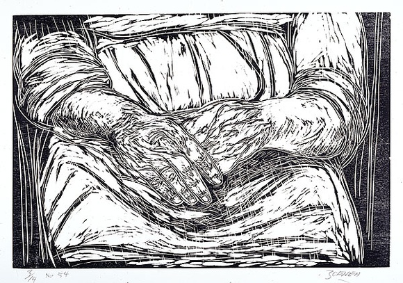 Title: bMy mother's hands. | Date: 1994-1999 | Technique: b'woodcut, printed in black ink, from an Indonesian jelutong woodblock' | Copyright: b'\xc2\xa9 Salvatore Zofrea, 1994-1999'