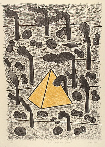 Artist: b'Bowen, Dean.' | Title: b'Industrial landscape with pyramid' | Date: 1988 | Technique: b'lithograph, printed in yellow and black ink, from two stones'