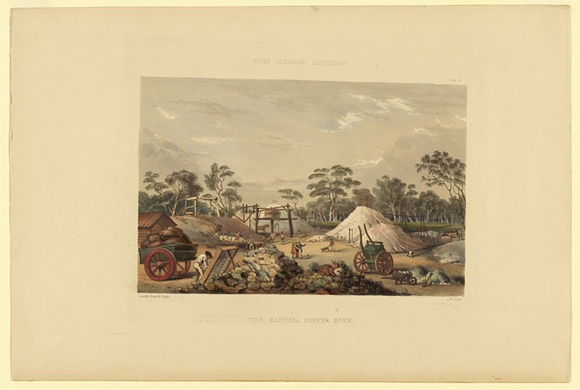 Artist: b'Angas, George French.' | Title: b'The Kapunda copper mine.' | Date: 1846-47 | Technique: b'lithograph, printed in colour, from multiple stones; varnish highlights by brush'