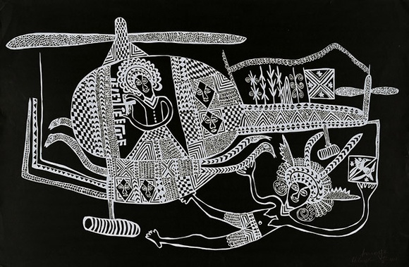 Artist: b'Kauage, Mathias.' | Title: b'Helicopter' | Date: 1977 | Technique: b'screenprint, printed in black and white, from two screens' | Copyright: b'\xc2\xa9 approved by Elisabeth Kauage'