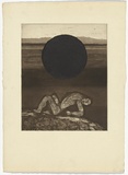 Artist: SELLBACH, Udo | Title: (Figure beneath a sphere) | Technique: etching, aquatint printed in brown and black