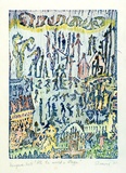 Artist: SHEARER, Mitzi | Title: All the world a stage | Date: 1980 | Technique: woodcut, printed in blue ink, from one block; hand-coloured