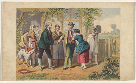 Title: bThe emigrants' farewell | Date: 1860 | Technique: b'engraving, printed in black ink, from one plate; hand-coloured'