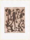 Artist: McLean, Mary Pantjiti. | Title: Wati - man, papa - dog, yupa - goanna, malputair - little quail | Date: 2000 | Technique: etching and aquatint, printed in red-brown ink, from one plate