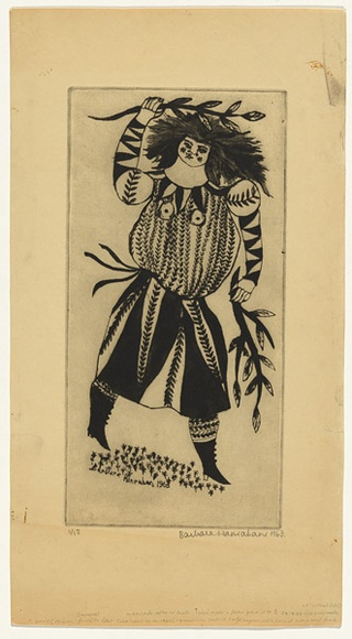 Artist: b'HANRAHAN, Barbara' | Title: b'Girl with branches' | Date: 1963 | Technique: b'drypoint, printed in black ink with plate-tone, from one  plate'