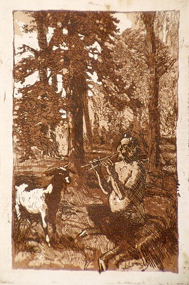 Artist: b'LINDSAY, Lionel' | Title: b'(Pan and goat).' | Date: 1907 | Technique: b'etching and aquatint, printed in brown ink, from one plate' | Copyright: b'Courtesy of the National Library of Australia'