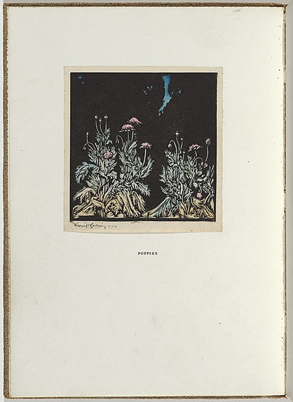 Artist: b'LINDSAY, Lionel' | Title: b'Poppies' | Date: 1922 | Technique: b'wood-engraving, printed in black ink, from one block; hand-coloured' | Copyright: b'Courtesy of the National Library of Australia'