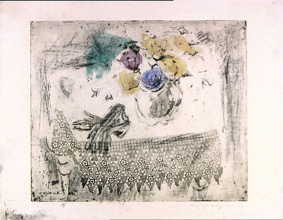 Artist: b'MACQUEEN, Mary' | Title: b'(Still life on table with gloves and lace)' | Date: c.1964 | Technique: b'softground-etching and aquatint, printed in black ink, from one plate; additions in charcoal' | Copyright: b'Courtesy Paulette Calhoun, for the estate of Mary Macqueen'