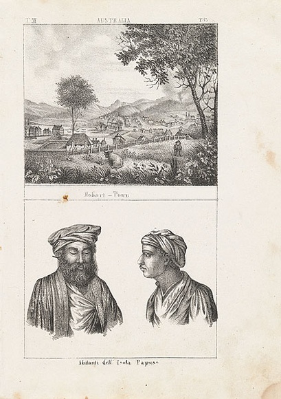 Artist: b'Antonelli, Giuseppe.' | Title: bHobart-town. [Hobart Town].  Abitanti dell' Isola Papuas. [Inhabitants of the Papua Islands]. | Date: 1841 | Technique: b'lithograph, printed in black ink, from two stones'