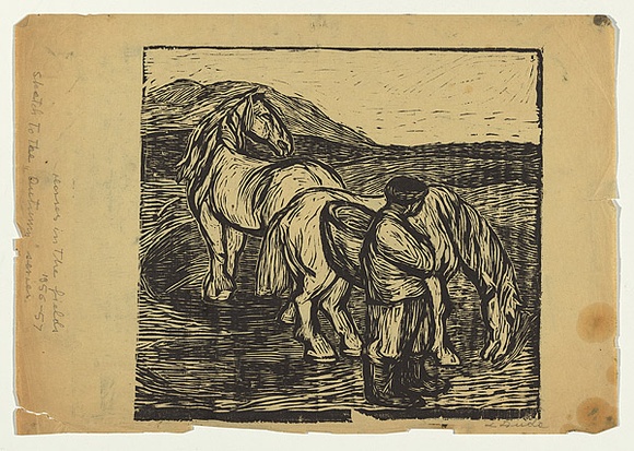 Artist: b'Groblicka, Lidia.' | Title: b'Horses in the fields' | Date: 1956-57 | Technique: b'woodcut, printed in black ink, from one block'