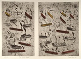 Artist: b'Bowen, Dean.' | Title: b'The coloured factories' | Date: 1988 | Technique: b'etching, printed in red, yellow and black ink, from three plates'