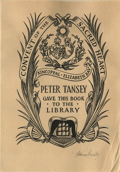 Artist: b'FEINT, Adrian' | Title: b'Bookplate: Peter Tansey gave this book to the library Convent of the Sacred Heart, Kincoppal, Elizabeth Bay.' | Date: (1937) | Technique: b'process block, printed in black ink, from one block' | Copyright: b'Courtesy the Estate of Adrian Feint'