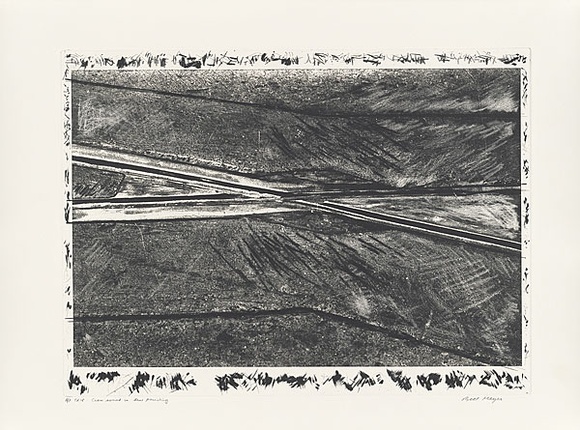 Artist: b'MEYER, Bill' | Title: b'Cross wired in time persisting' | Date: 1981 | Technique: b'photo-etching, aquatint, drypoint, printed in black ink, from one zinc plate' | Copyright: b'\xc2\xa9 Bill Meyer'