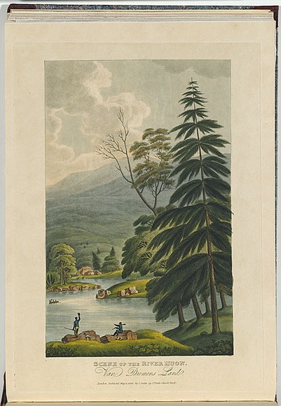 Artist: b'Lycett, Joseph.' | Title: bScene up the River Huon. Van Diemen's Land. | Date: 1825 | Technique: b'etching, aquatint and roulette, printed in black ink, from one copper plate; hand-coloured'