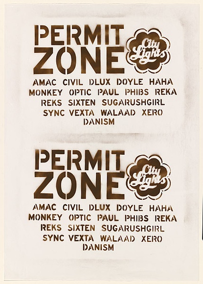 Artist: b'Amac.' | Title: b'Permit Zone promo poster.' | Date: 2004 | Technique: b'stencil, printed  in brown ink, from one stencil'