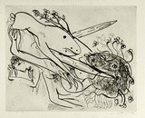 Artist: b'BOYD, Arthur' | Title: b'Dog with crutches and falling figure.' | Date: (1968-69) | Technique: b'etching, printed in black ink, from one plate' | Copyright: b'Reproduced with permission of Bundanon Trust'