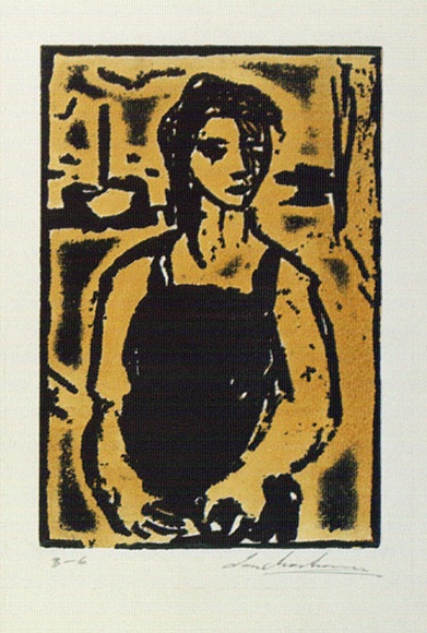Artist: b'Armstrong, Ian.' | Title: b'(Figure of girl).' | Date: c.1955 | Technique: b'relief-etching, printed in colour, from one  plate'