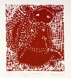 Artist: b'SHEARER, Mitzi' | Title: b'Angry warrior' | Date: 1978 | Technique: b'linocut, printed in red ink, from one block'