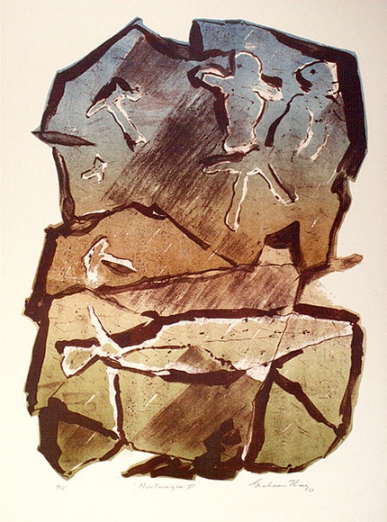 Artist: b'KING, Grahame' | Title: b'Mootwingee VII' | Date: 1983 | Technique: b'lithograph, printed in colour, from four stones [or plates]'