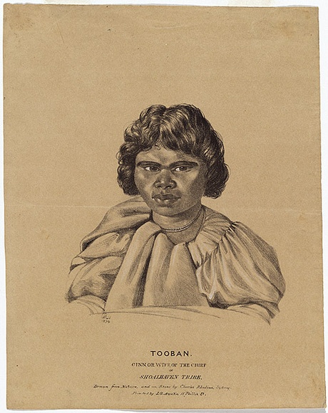 Artist: b'Rodius, Charles.' | Title: b'Tooban, Ginn, or wife, of the chief of Shoalhaven tribe.' | Date: 1834 | Technique: b'chalk-lithograph, printed in black ink, from one stone; additions in gouache'