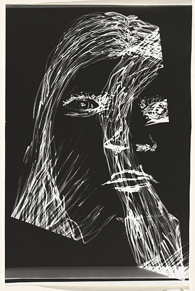 Title: b'not titled [visage of long-haired girl]' | Date: c.1993 | Technique: b'clich\xc3\xa9-verre, printed in black, from hand-drawn plastic negative'