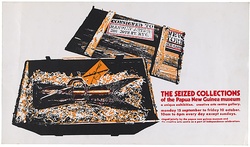 Artist: Creative Arts Centre | Title: The seized collections of the Papua New Guinea Museum. | Date: 15 September 1975 (exhibition opened) | Technique: screenprint, printed in colour, from multiple screens