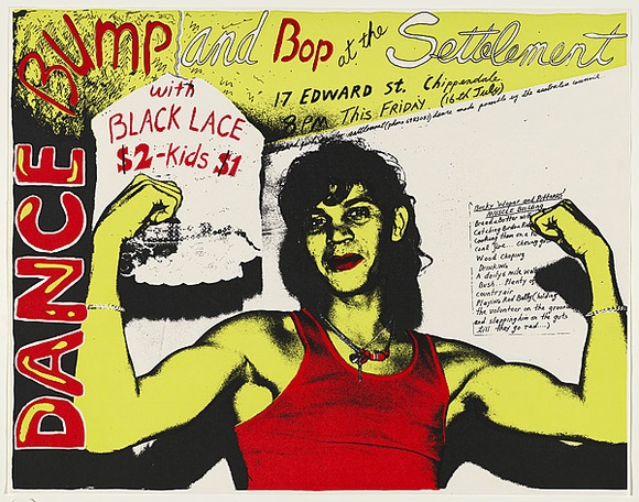 Artist: b'WORSTEAD, Paul' | Title: bBump and Bop at the Settlement - (wopper's no.1) - Black lace. | Date: 1976 | Technique: b'screenprint, printed in colour, from three stencils' | Copyright: b'This work appears on screen courtesy of the artist'