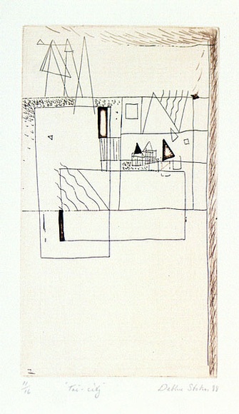 Artist: b'Stokes, Debbie.' | Title: b'Tri-city' | Date: 1988 | Technique: b'etching, printed in black ink, from one plate'