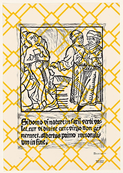 Artist: b'TYNDALL, Peter' | Title: b'A Person Looks At a Work of Art. Someone looks at something ... III' | Date: 1988 | Technique: b'linocut, printed in black ink, from one block; screenprint, printed in yellow ink, from one stencil'