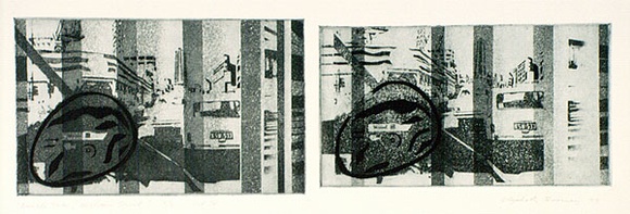 Artist: b'Rooney, Elizabeth.' | Title: b'Double take, William Street' | Date: 1973 | Technique: b'aquatint and etching, printed in blue ink, from two  plates'