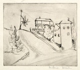 Artist: b'Brash, Barbara.' | Title: b'(Village with palm and telegraph pole).' | Date: 1950s | Technique: b'drypoint, printed with plate-tone in brown ink, from one plate'