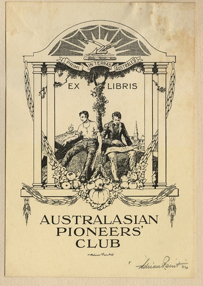 Artist: b'FEINT, Adrian' | Title: bBookplate: Australasian Pioneers' Club. | Date: 1924 | Technique: b'line-block, printed in black ink, from one process block' | Copyright: b'Courtesy the Estate of Adrian Feint'