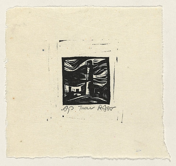 Artist: b'AMOR, Rick' | Title: b'Tower.' | Date: 1988 | Technique: b'linocut, printed in black ink, from one block'