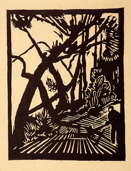 Artist: b'Stephen, Clive.' | Title: b'(Woodcutter in forest)' | Date: c.1948 | Technique: b'linocut, printed in black ink, from one block'