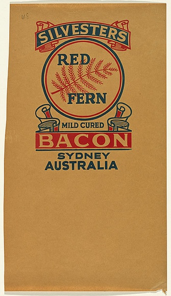 Title: b'not titled [Silvesters mild cured bacon]' | Date: c.1920s | Technique: b'relief print, printed in colour, from commercially produced stamps; addition of colour stencil'