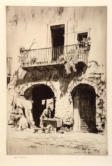 Artist: b'LINDSAY, Lionel' | Title: b'The wash, Taormina' | Date: 1927 | Technique: b'drypoint, printed in brown ink with plate-tone, from one plate' | Copyright: b'Courtesy of the National Library of Australia'