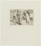 Artist: MADDOCK, Bea | Title: Boy with a bicycle | Date: 1964 | Technique: drypoint, printed in black ink with plate-tone, from two abutted copper plates