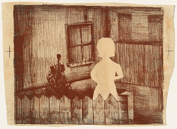 Artist: b'Blackman, Charles.' | Title: b'Figure by fence.' | Date: (1953-57) | Technique: b'lithograph, printed in colour, from multiple stones [or plates]'