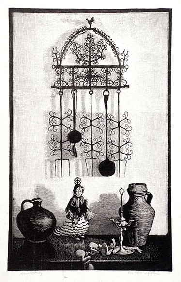 Artist: b'LINDSAY, Lionel' | Title: b'Spanish still life' | Date: 1936 | Technique: b'wood-engraving, printed in black ink, from one block' | Copyright: b'Courtesy of the National Library of Australia'