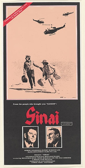 Artist: b'Lane, Leonie.' | Title: b'From the people who brought you Saigon : Sinai' | Date: (1982) | Technique: b'screenprint, printed in colour, from multiple stencils' | Copyright: b'\xc2\xa9 Leonie Lane'