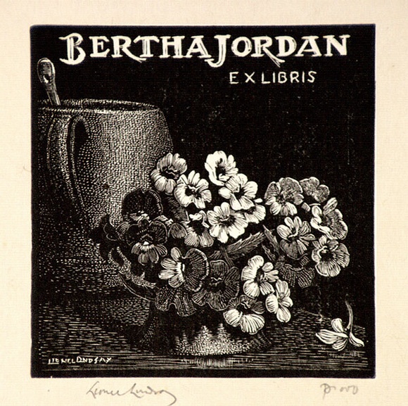 Artist: b'LINDSAY, Lionel' | Title: b'Book plate: Bertha Jordan' | Date: 1940 | Technique: b'wood-engraving, printed in black ink, from one block' | Copyright: b'Courtesy of the National Library of Australia'