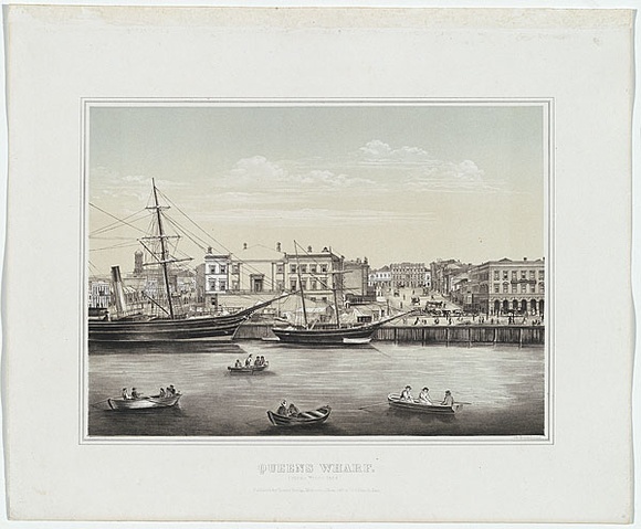 Artist: b'Cogne, Francois.' | Title: b'Queens wharf.' | Date: (1863-64) | Technique: b'lithograph, printed in colour, from two stones'