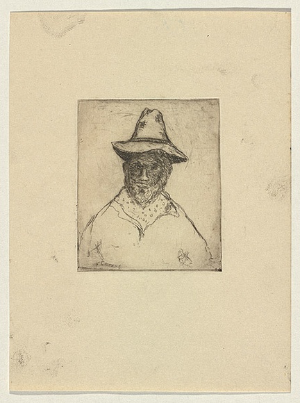 Title: b'not titled [portrait of a bearded man wearing bush hat and scarf]' | Date: c.1960 | Technique: b'etching, printed in warm black ink, from one plate'