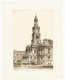Artist: b'PLATT, Austin' | Title: b'Town Hall, Sydney' | Date: 1945 | Technique: b'etching, printed in black ink, from one plate'