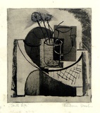 Artist: b'Brash, Barbara.' | Title: b'Still life.' | Date: 1950s | Technique: b'aquatint printed in black ink from one plate; pen and ink additions'