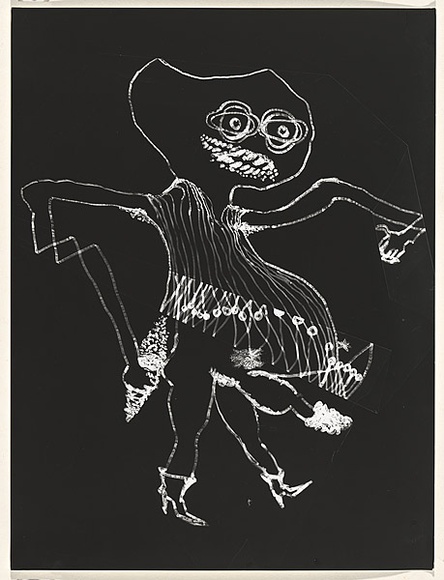 Title: b'not titled [long-limbed monster wearing high heels]' | Date: c.1993 | Technique: b'clich\xc3\xa9-verre, printed in black, from hand-drawn negative'