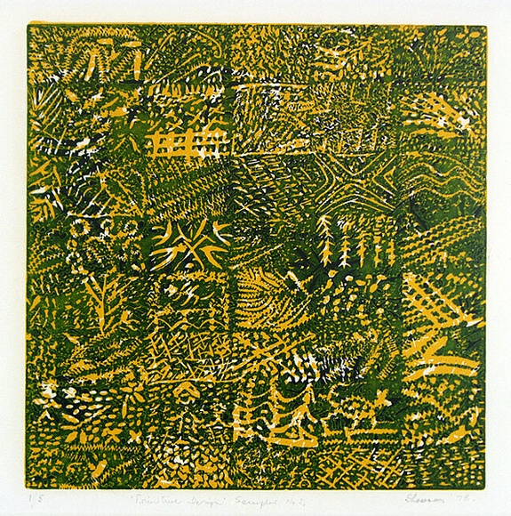 Artist: SHEARER, Mitzi | Title: Primitive design (sampler no.2) | Date: 1978 | Technique: linocut, printed in colour, from three blocks